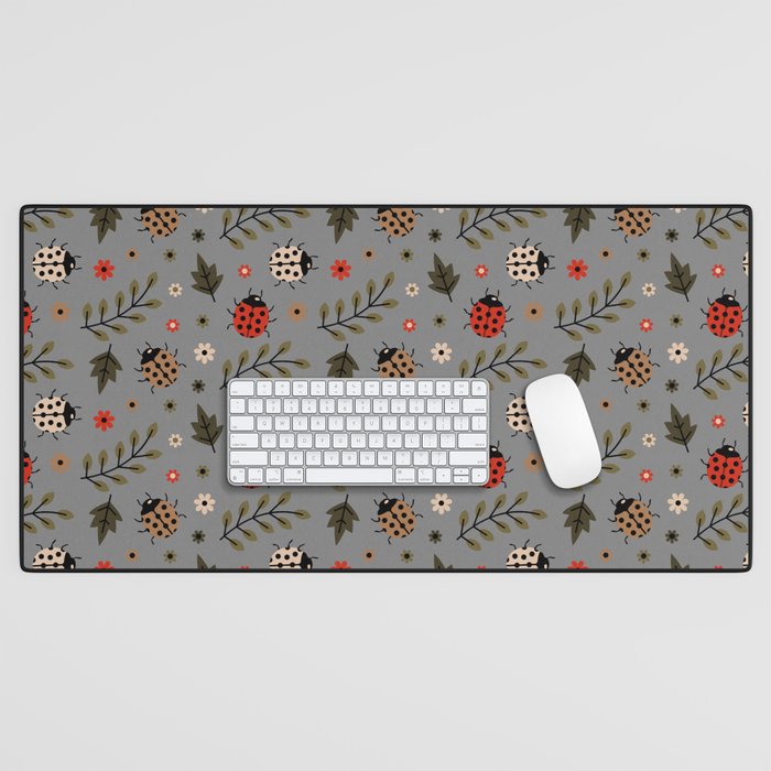 Ladybug and Floral Seamless Pattern on Grey Background Desk Mat