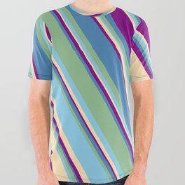 [ Thumbnail: Eyecatching Blue, Dark Sea Green, Sky Blue, Beige, and Purple Colored Lines Pattern All Over Graphic Tee ]