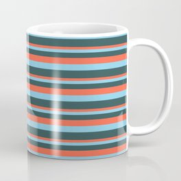 [ Thumbnail: Red, Sky Blue, and Dark Slate Gray Colored Pattern of Stripes Coffee Mug ]