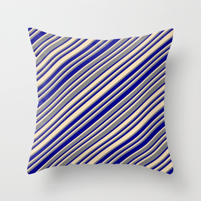 Dark Blue, Tan, and Grey Colored Striped Pattern Throw Pillow