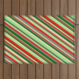 [ Thumbnail: Eyecatching Light Green, Red, Gray, Dark Green, and Tan Colored Lined/Striped Pattern Outdoor Rug ]