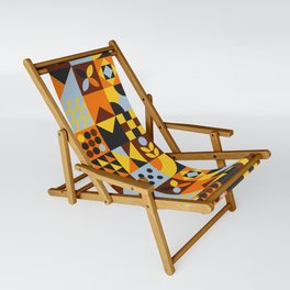 Mid Century Modern Geometric Checkers Pattern | Marigold yellow, Blue, Orange, Brown & Black Sling Chair