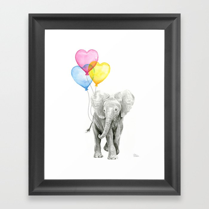 Elephant Watercolor With Balloons Rainbow Hearts Baby Animal Nursery Elephant Watercolor With Balloons Rainbow Hearts Baby Animal Nursery Prints Framed Art Print