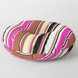 [ Thumbnail: Vibrant Brown, Pale Goldenrod, Black, Mint Cream & Deep Pink Colored Lined/Striped Pattern Floor Pillow ]