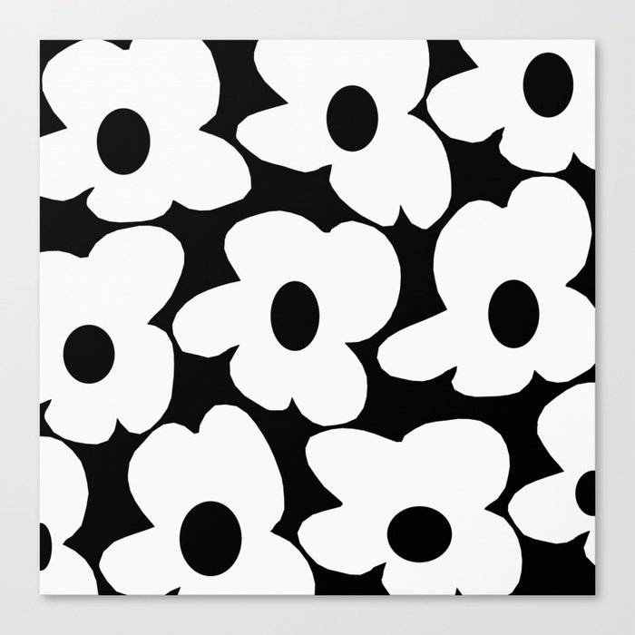 White Retro Flowers Black Background #decor #society6 #buyart Canvas Print