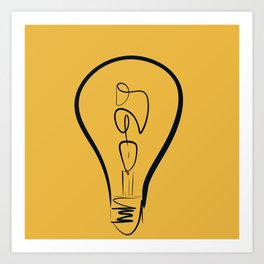 "Inspired Spark" - Yellow Illuminated Lightbulb Line Art Linework Light Bulb Idea  Art Print