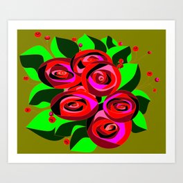 A Bouquet of Roses with Black Petals and Buds of Red Art Print | Graphicdesign, Redbuds, Rosebuds, Digital, Pink, Roses, Largeleaves, Green, Goldoutline, Red 