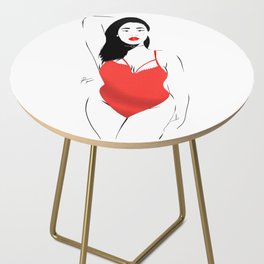 Beautiful woman posing in red swimsuit and lipstick Side Table