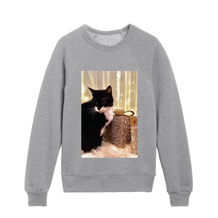 Gold Christmas Present + Tuxedo (black and white) Cat 1 Kids Crewneck