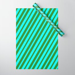 [ Thumbnail: Forest Green and Aqua Colored Lined/Striped Pattern Wrapping Paper ]