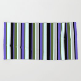 [ Thumbnail: Eyecatching Slate Blue, Dark Olive Green, Light Cyan, Grey & Black Colored Lines/Stripes Pattern Beach Towel ]