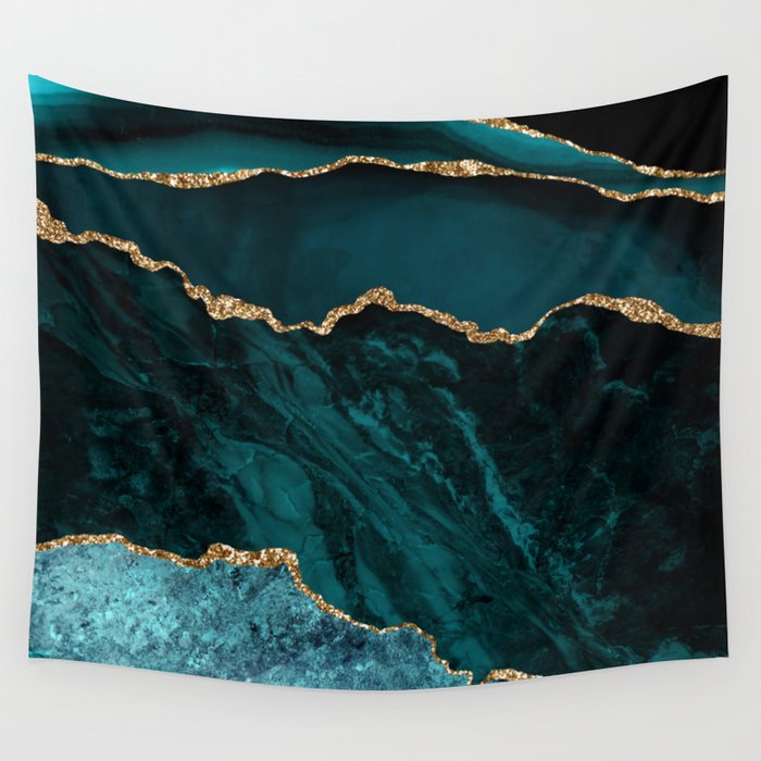 Teal Blue Emerald Marble Landscapes Wall Tapestry