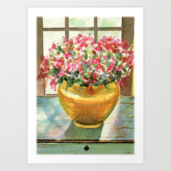 flowers in golden vase Art Print