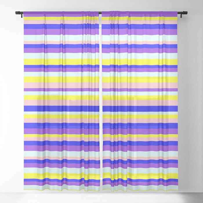 Eyecatching Pink, Blue, Purple, Light Cyan & Yellow Colored Striped Pattern Sheer Curtain