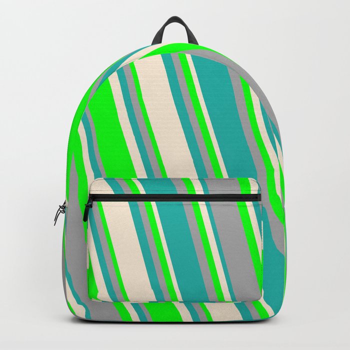 Beige, Lime, Dark Gray, and Light Sea Green Colored Pattern of Stripes Backpack