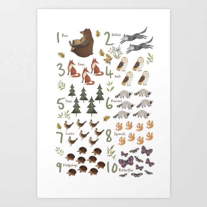 Woodland forest numbers - matches alphabet, for kids / children Art Print
