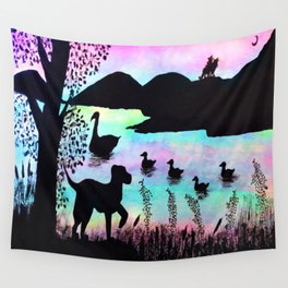 Nature Swan Dog Lake Silhouette Landscape  Wall Tapestry