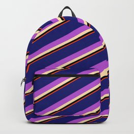 [ Thumbnail: Vibrant Midnight Blue, Orchid, Beige, Black, and Red Colored Striped/Lined Pattern Backpack ]