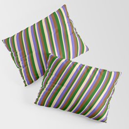 [ Thumbnail: Beige, Slate Blue, Brown, and Dark Green Colored Lines/Stripes Pattern Pillow Sham ]