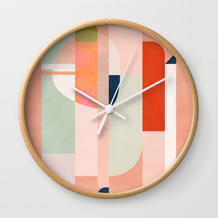 shapes modern mid-century peach pink coral mint Wall Clock