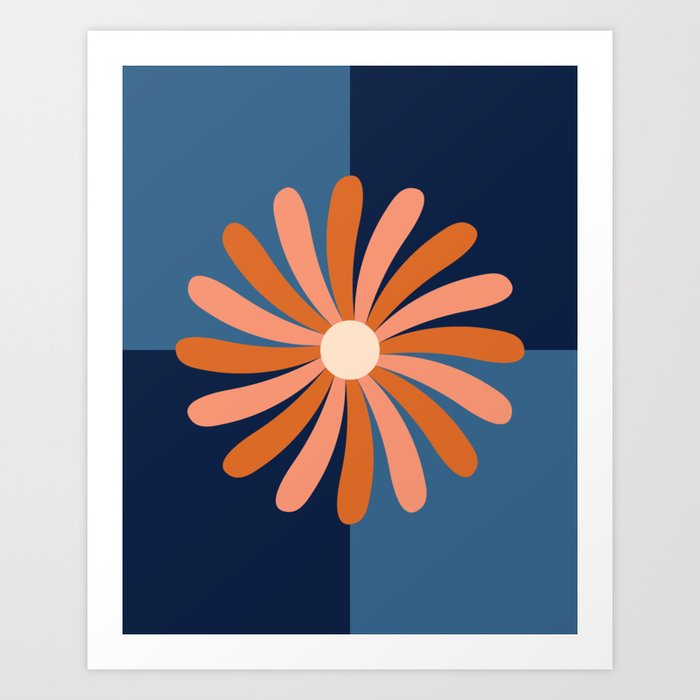 Abstract Flower Pattern 6 in Navy Blue Orange Art Print