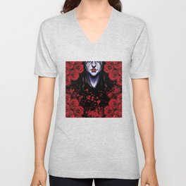 Creepy Vampire Dracula Print Halloween Pattern V Neck T Shirt