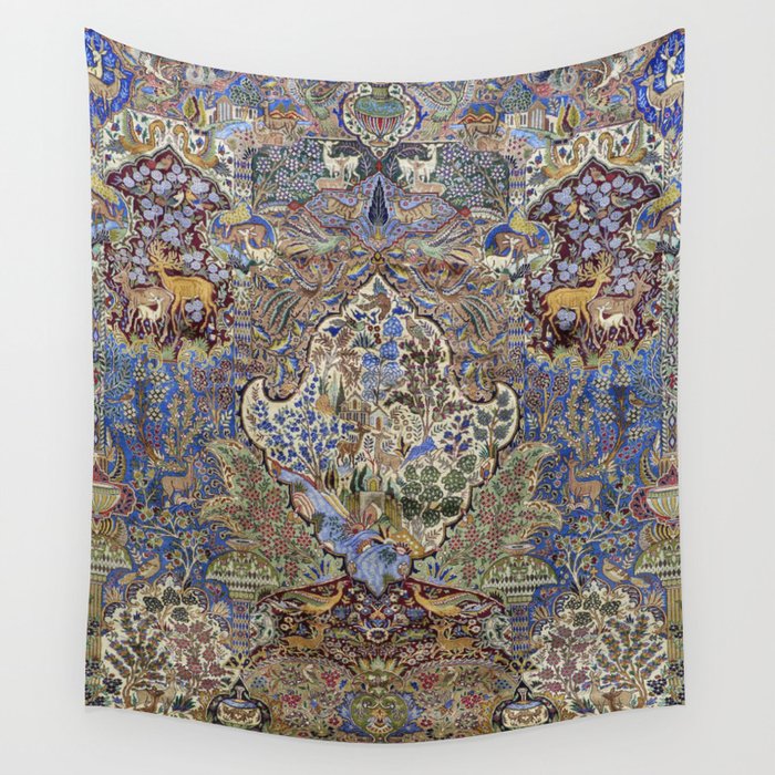 Majestic Cobalt Gold Antique Persian Kashmar Wall Tapestry