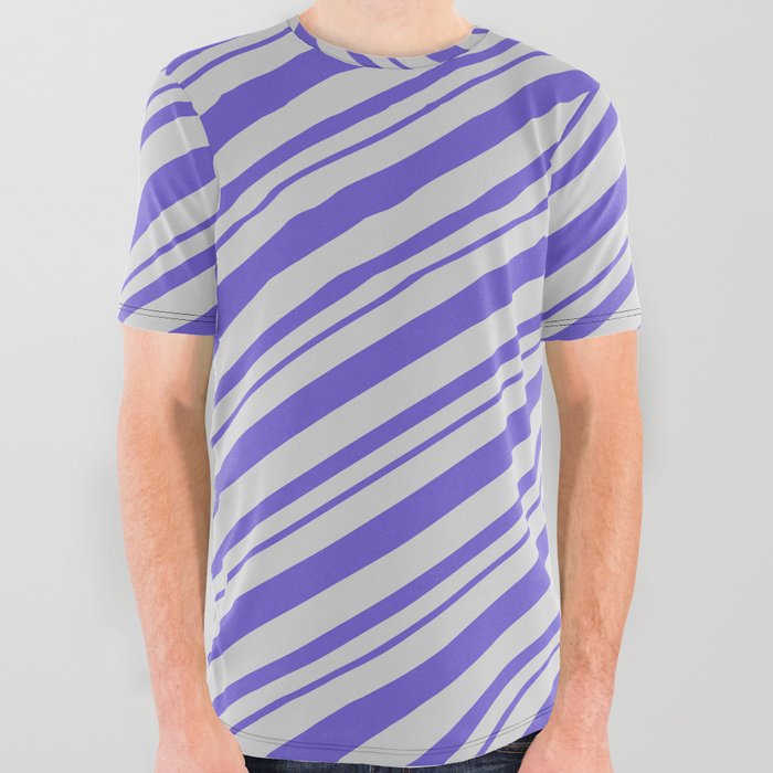 Light Grey & Slate Blue Colored Lines Pattern All Over Graphic Tee