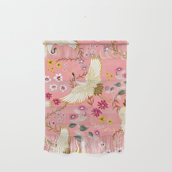 Chinoiserie cranes on pink, birds, flowers,  Wall Hanging
