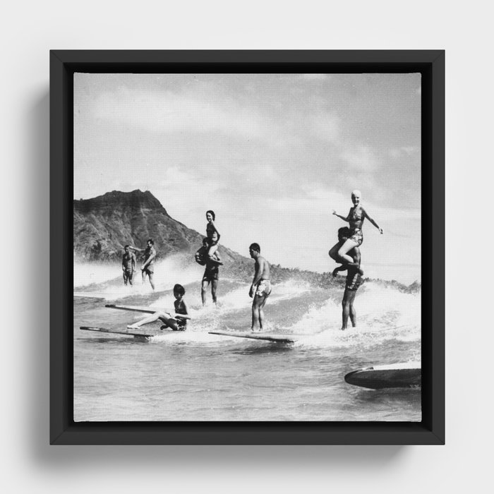 Vintage Hawaii Tandem Surfing Framed Canvas