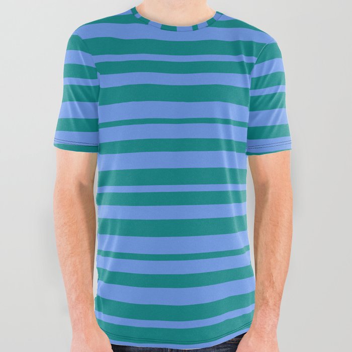 Cornflower Blue and Teal Colored Striped/Lined Pattern All Over Graphic Tee