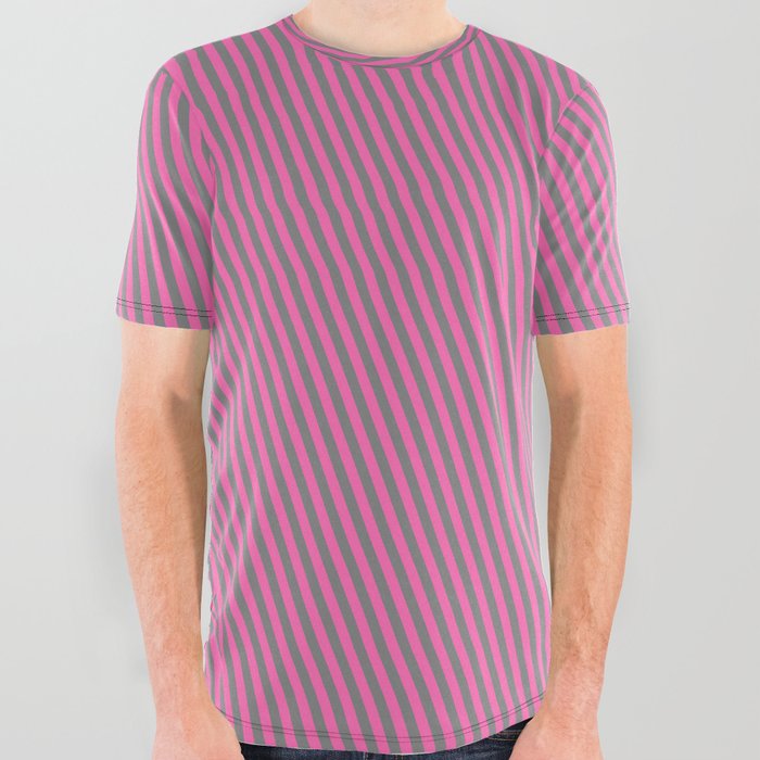 Gray & Hot Pink Colored Stripes/Lines Pattern All Over Graphic Tee