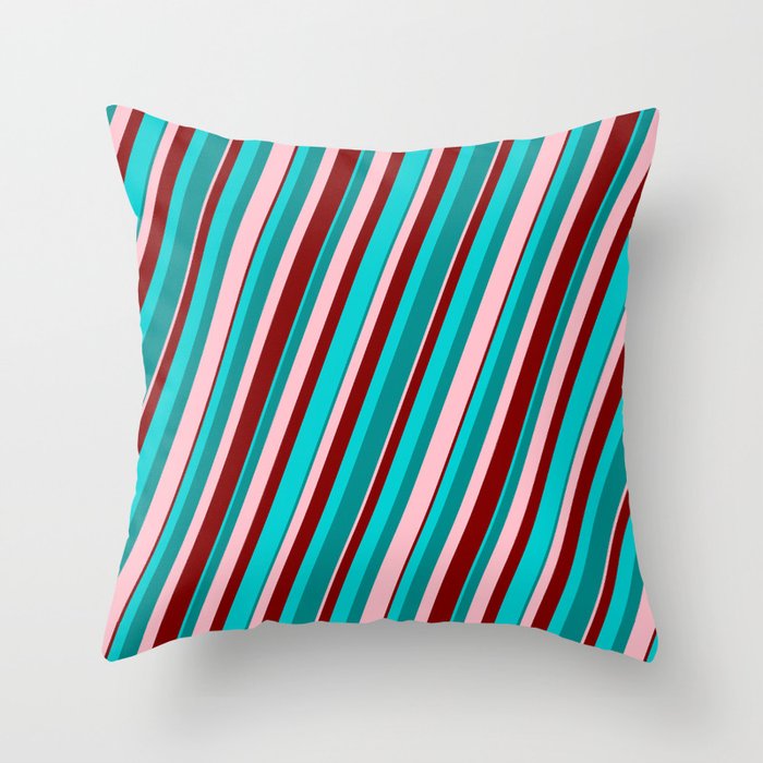 Dark Turquoise, Dark Cyan, Pink & Maroon Colored Pattern of Stripes Throw Pillow