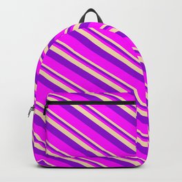 [ Thumbnail: Tan, Dark Violet & Fuchsia Colored Lines Pattern Backpack ]