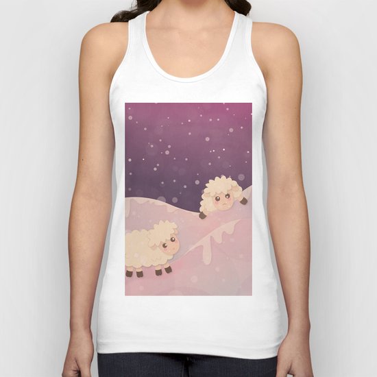 Cartoon Baby Sheep, Red Violet Snowy Bokeh Background Unisex Tank Top