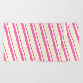 [ Thumbnail: Hot Pink & Beige Colored Lined Pattern Beach Towel ]