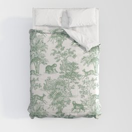 Toile de Jouy Vintage French Exotic Jungle Forest Green & White Comforter