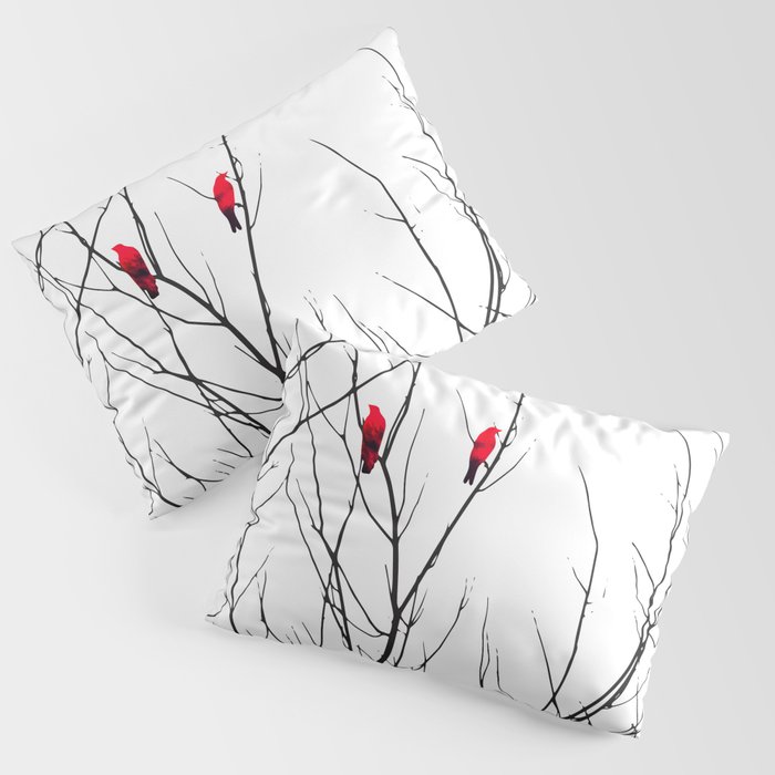 Artistic Bright Red Birds on Tree Branches Pillow Sham