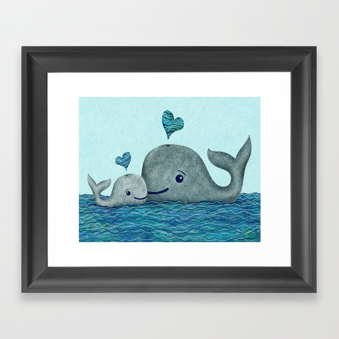 Whale Mom and Baby with Hearts in Gray and Turquoise Framed Art Print