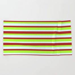 [ Thumbnail: Light Green, Light Cyan, and Red Colored Striped/Lined Pattern Beach Towel ]