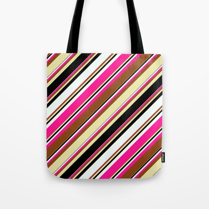 Vibrant Brown, Pale Goldenrod, Black, Mint Cream & Deep Pink Colored Lined/Striped Pattern Tote Bag