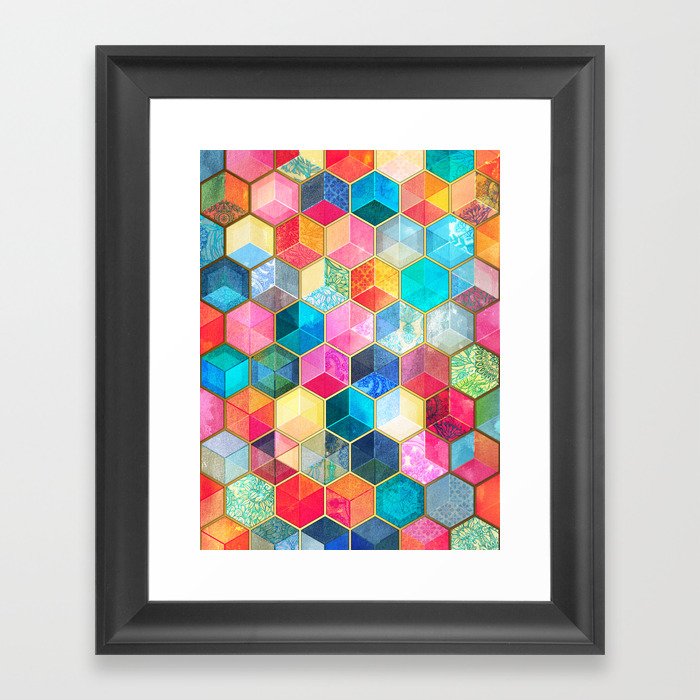 Crystal Bohemian Honeycomb Cubes - colorful hexagon pattern Framed Art Print