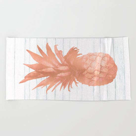 Rose Gold Pineapple on Wood Nautical Decor Beach Towel