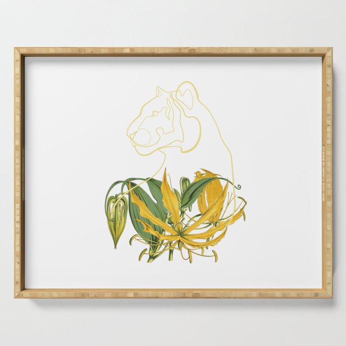 Yellow Lily Line Art Turned Tiger Head Serving Tray