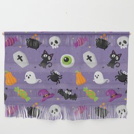 Halloween Seamless Pattern with Funny Spooky on Purple Background Wall Hanging
