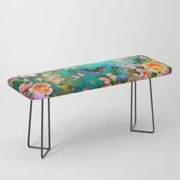 Butterfly in colorful floral garden bohemian fantasy Bench