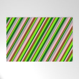 [ Thumbnail: Vibrant Dark Grey, Pink, Brown, Green & Dark Green Colored Lined Pattern Welcome Mat ]