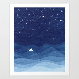 blue ocean waves, sailboat ocean stars Art Print