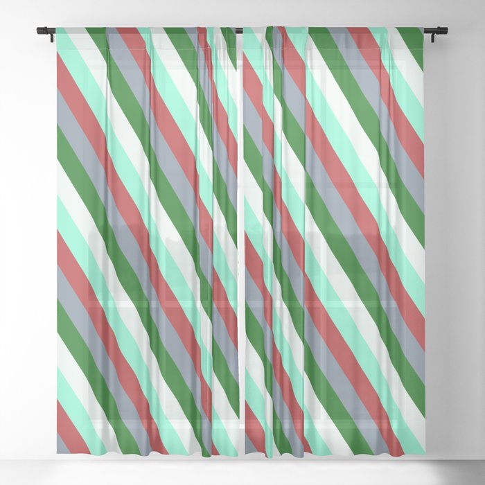 Mint Cream, Aquamarine, Red, Light Slate Gray, and Dark Green Colored Striped/Lined Pattern Sheer Curtain