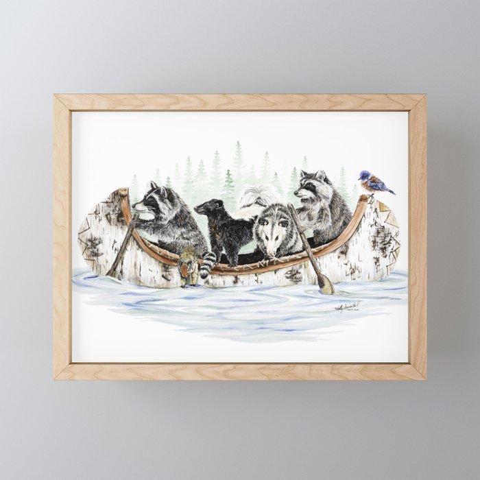 " Critter Canoe " wildlife rowing up river Framed Mini Art Print
